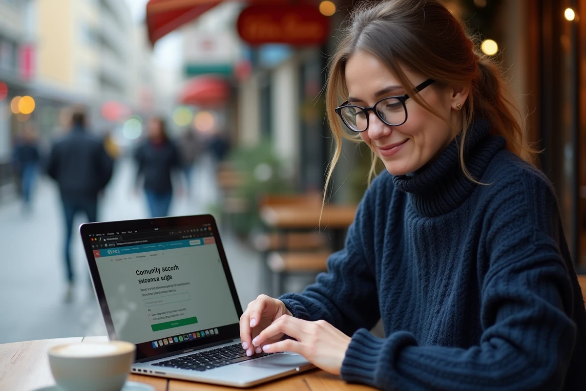 Femme discutant en extérieur près d un café avec son ordinateur portable