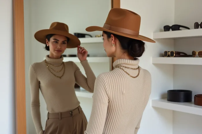 Femme ajustant un chapeau à large bord devant un miroir dans un dressing contemporain entouré d'accessoires tendance