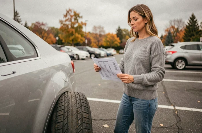 Femme comparant un guide de dimensions de pneus avec le pneu monté sur sa voiture dans un parking