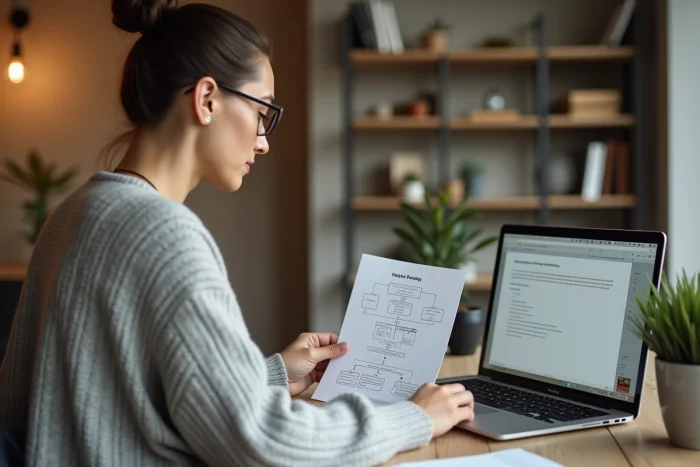 Femme consultant un plan de site web imprimé devant son ordinateur portable dans un bureau à domicile