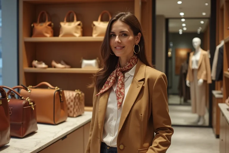 Femme élégante en blazer camel et foulard en soie explorant des accessoires tendance dans une boutique parisienne