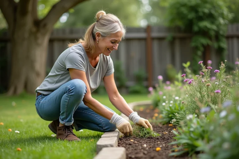 Femme en jardinage nature dans un jardin serein
