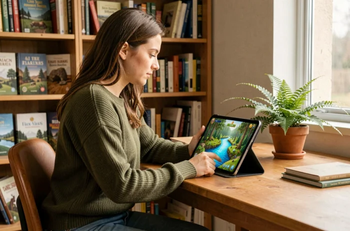 Jeune femme jouant à un jeu de gestion écologique sur tablette dans un bureau chaleureux entouré de livres sur la nature