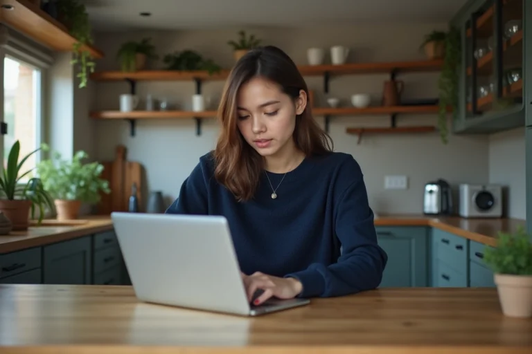 Jeune femme lisant des actualites sur son ordinateur portable