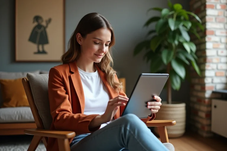 Jeune femme lisant un magazine culturel en ligne sur une tablette dans un appartement moderne aux murs en briques