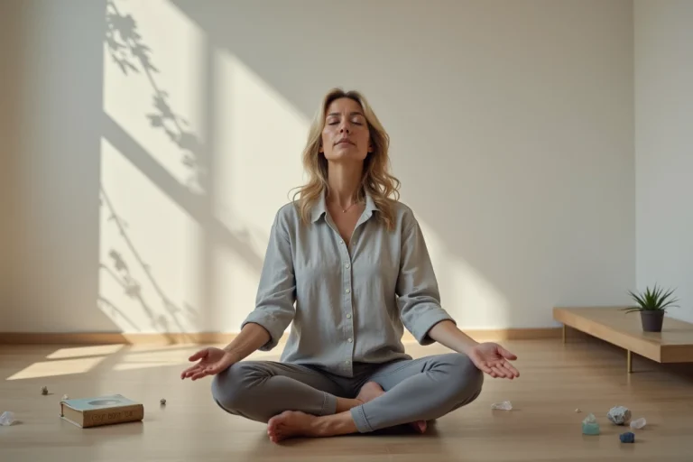 Femme en méditation contemplant la 5e dimension dans une pièce minimaliste avec motifs géométriques projetés sur les murs