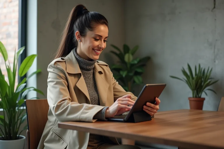 Femme élégante utilisant une tablette dans un intérieur moderne