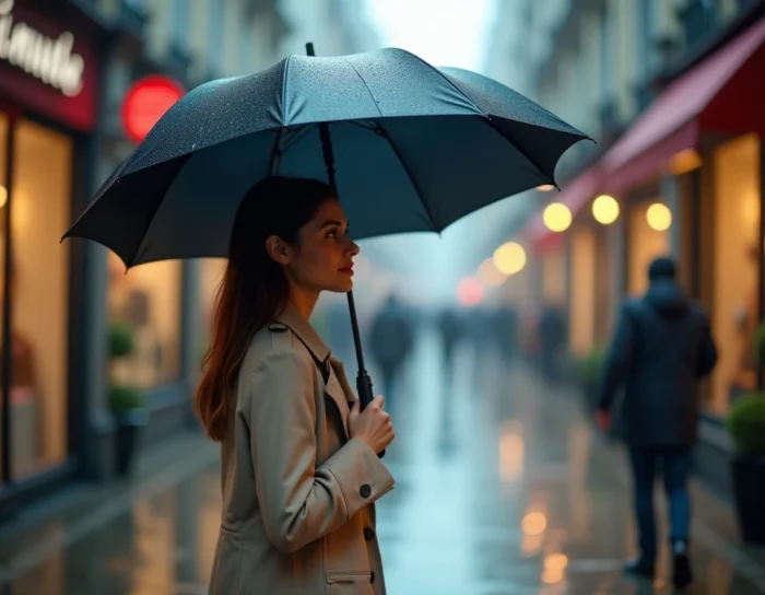 Femme tenant un parapluie automatique noir sous la pluie dans une rue pavée urbaine, illustrant le choix d'un parapluie résistant et imperméable