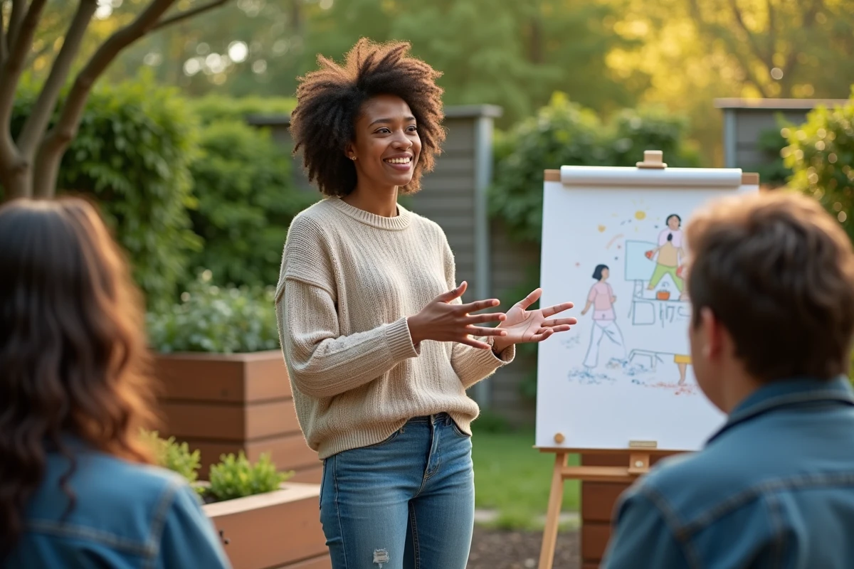 Jeune femme parlant dans un jardin communautaire
