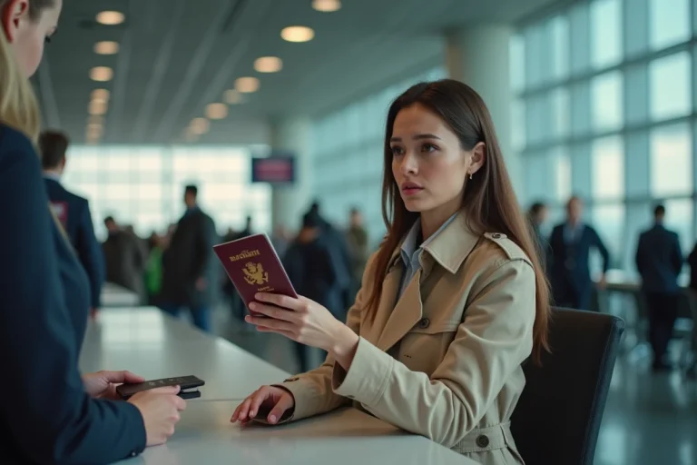Femme anxieuse présentant son passeport à l'aéroport