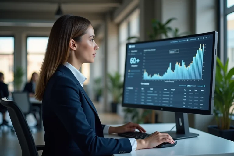 Femme professionnelle analysant un portail web sur un grand écran dans un bureau moderne