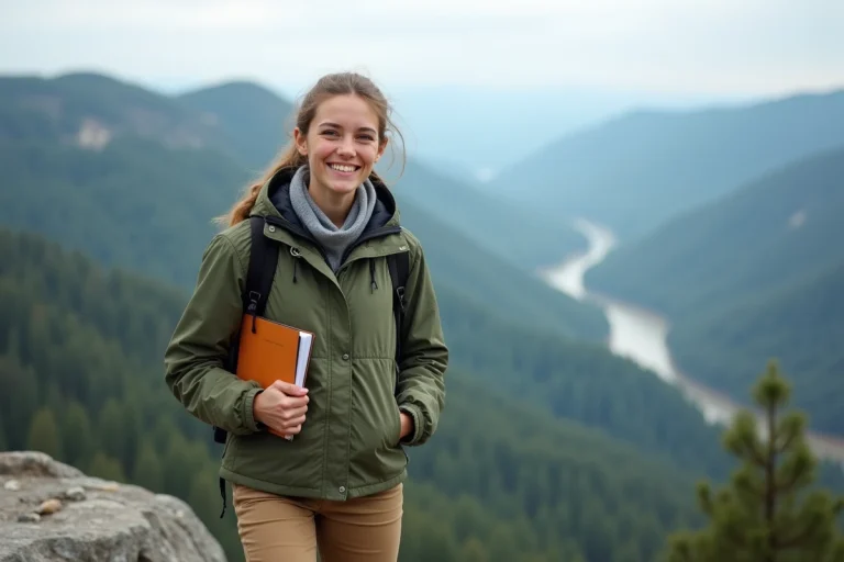 Jeune femme souriante en montagne avec carnet et paysage