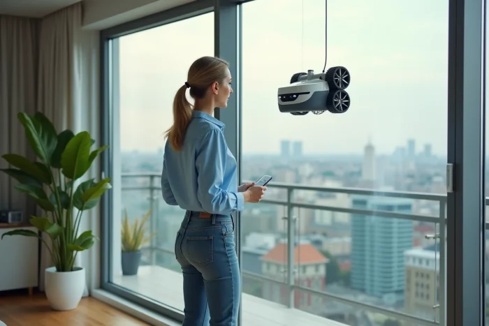 Femme utilisant un robot nettoyeur de fenetre moderne