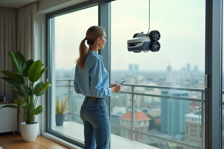 Femme utilisant un robot nettoyeur de fenetre moderne
