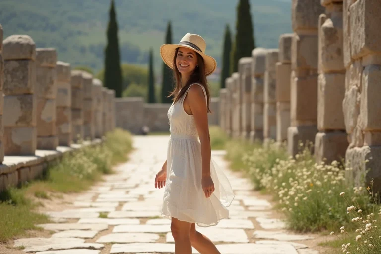Femme souriante dans les ruines de l'Agora à Izmir
