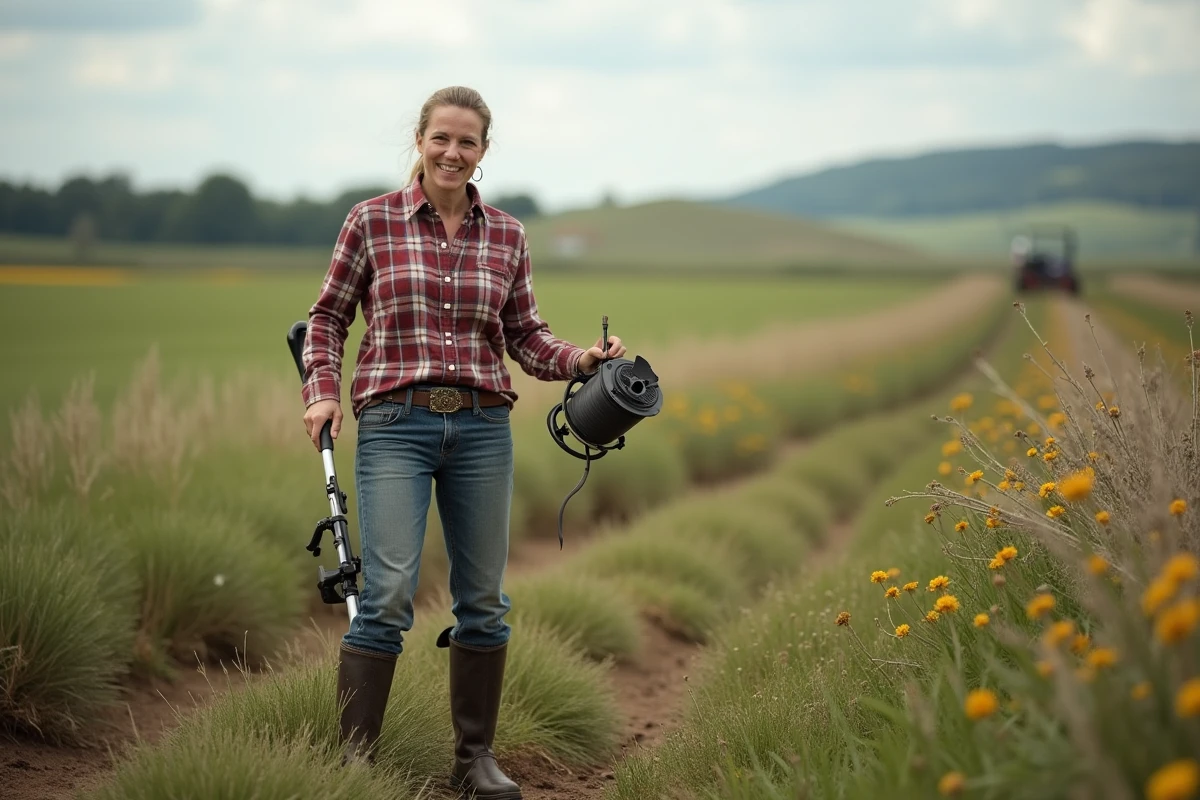 Femme en champ rural avec débroussailleuse et fil trimmer en main