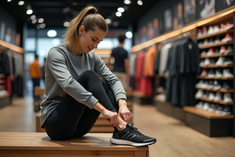 Femme sportive ajustant une chaussure de course dans un magasin moderne