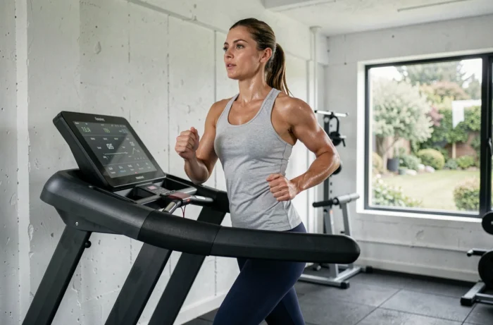Femme courant sur un tapis de course Sportstech F10 dans une salle de sport à domicile moderne