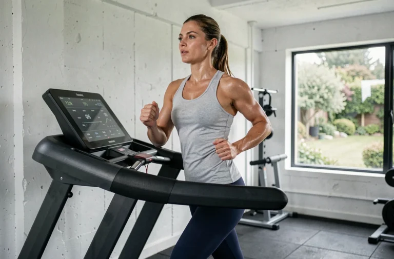 Femme courant sur un tapis de course Sportstech F10 dans une salle de sport à domicile moderne