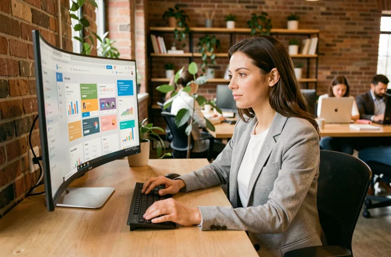 Femme professionnelle consultant des tendances web et ressources design sur un grand écran dans un espace de coworking moderne