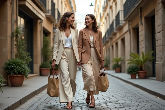 Deux femmes marchant en ville habillées de tenues de mode éthique et durable au quotidien