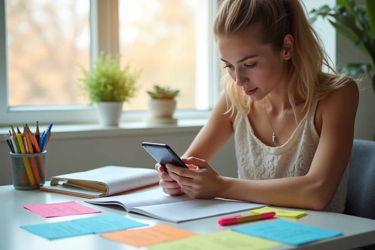 Jeune femme étudiant chez elle avec application de flashcards