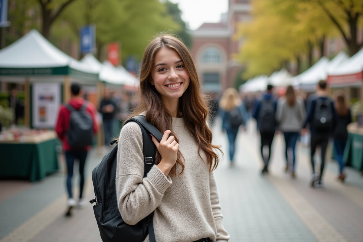 Fille étudiante souriante devant un salon universitaire en plein air