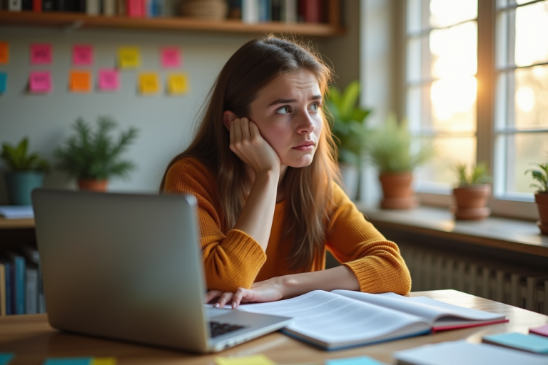 Jeune femme perplexe devant un livre d'anglais et ordinateur