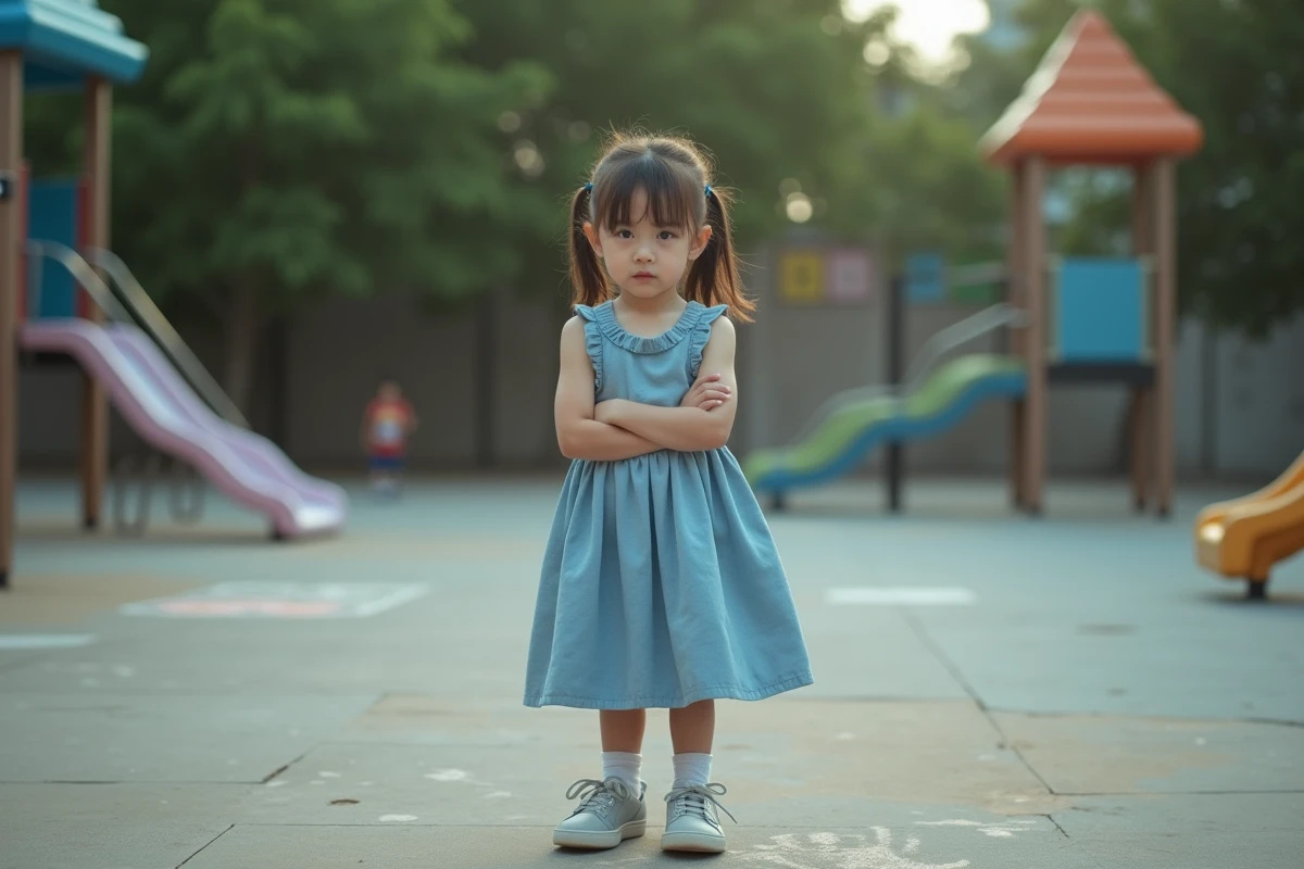 Fille de 6 ans debout sur une aire de jeux calme