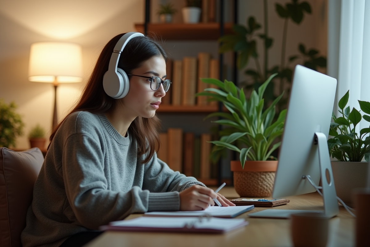 Jeune femme étudiant en ligne à la maison avec ordinateur et décor cosy