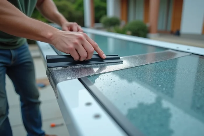 Pose d'un film solaire réfléchissant sur des plaques de polycarbonate de pergola