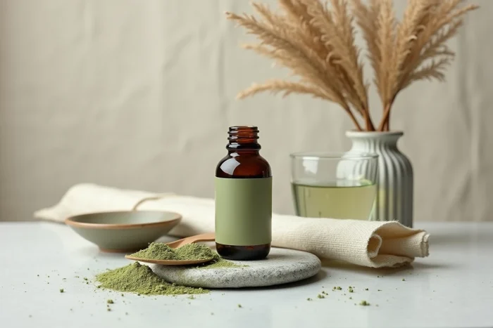 Composition naturaliste d'un flacon de Phytargile concentré, cuillère en céramique et verre d'eau sur une surface en pierre grise pour illustrer la prise du produit