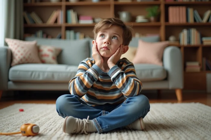 Garçon de 6 ans assis en tailleur dans un salon cosy