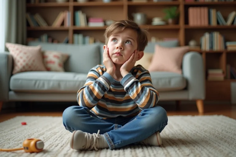 Garçon de 6 ans assis en tailleur dans un salon cosy