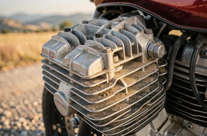 Gros plan sur les ailettes de refroidissement du moteur d'une Moto Guzzi V85 TT avec traces de chaleur