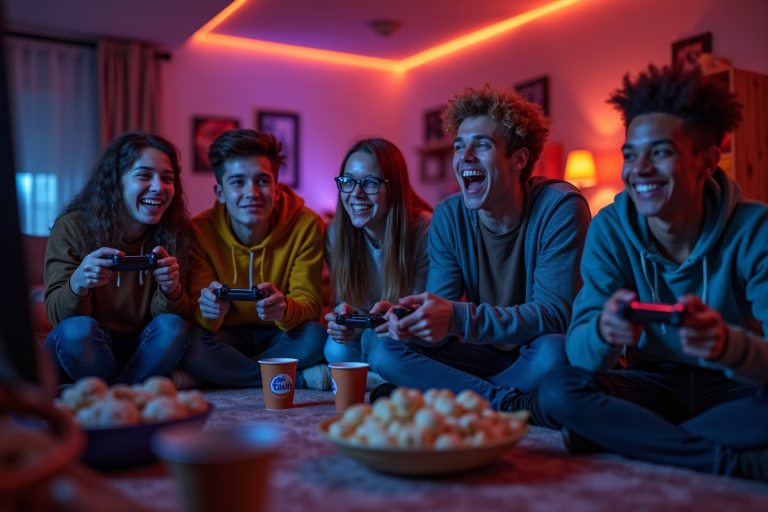 Groupe d'ados jouant ensemble à des jeux vidéo dans un salon convivial