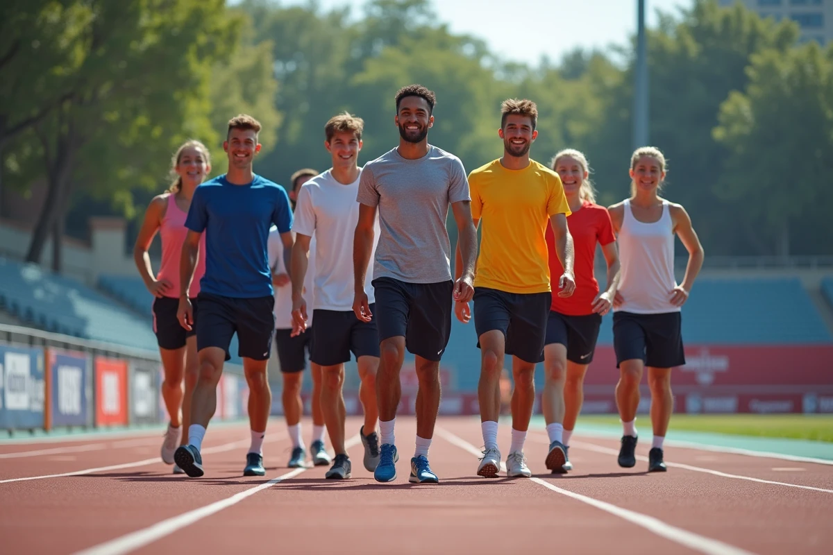 Groupe divers de sportifs s échauffant sur une piste extérieure