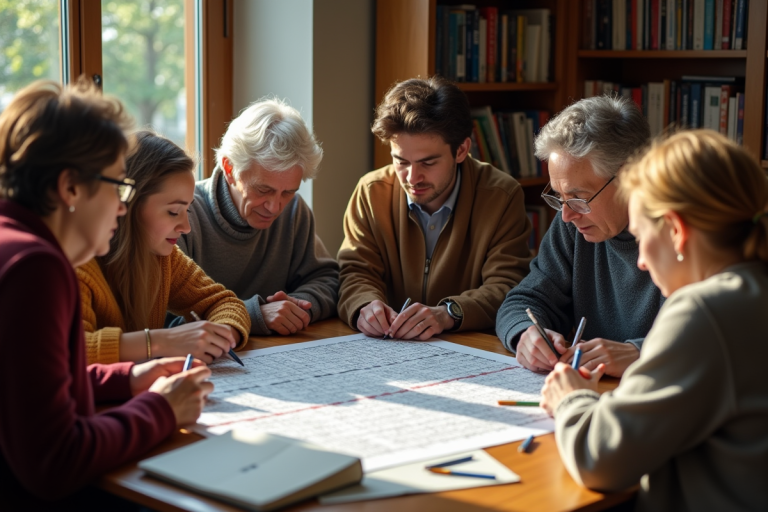 Groupe de personnes résolvant un crossword dans une bibliothèque