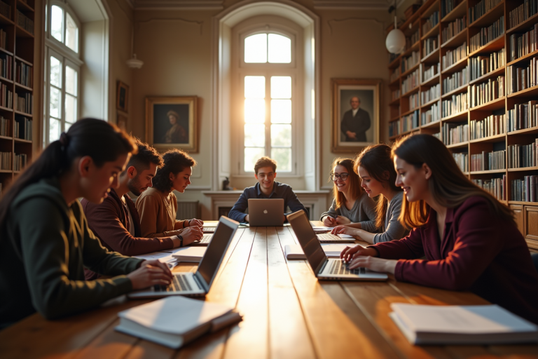 Groupe d'étudiants divers dans une bibliothèque moderne