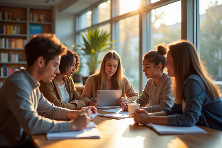 Groupe d'étudiants dans une bibliothèque lumineuse