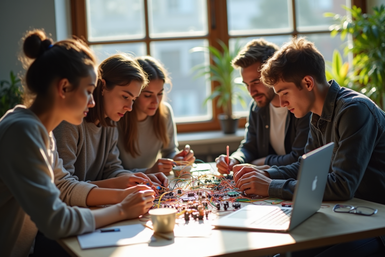 Groupe de jeunes collaborant autour d une table avec circuits électroniques