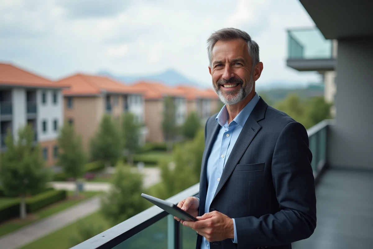 Homme souriant examinant des candidatures de location sur un balcon