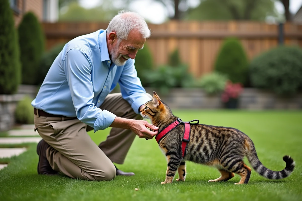 Homme âgé attachant un chat dans un jardin verdoyant