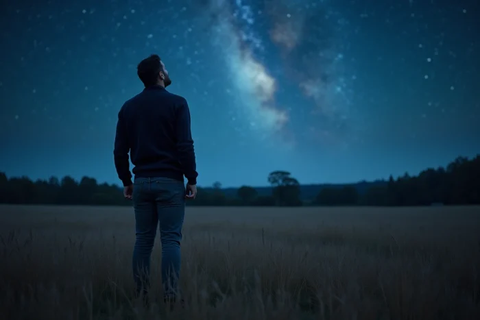 Homme contemplant le ciel étoilé dans un champ ouvert, symbolisant l'exploration de la 5e dimension et des dimensions parallèles