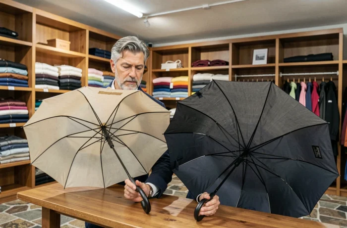 Homme comparant deux parapluies ouverts dans une boutique spécialisée, évaluant la qualité des baleines et du tissu pour choisir le meilleur modèle