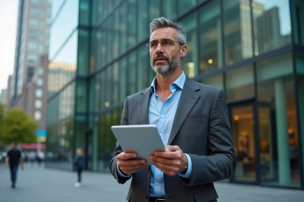 Homme entrepreneur discutant avec un collègue devant un bâtiment moderne en ville