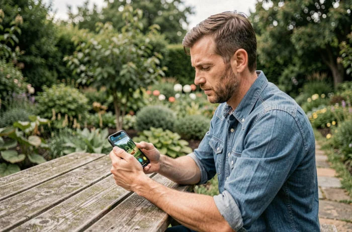Homme jouant à un jeu de gestion d'écosystème sur smartphone dans un jardin verdoyant en plein air