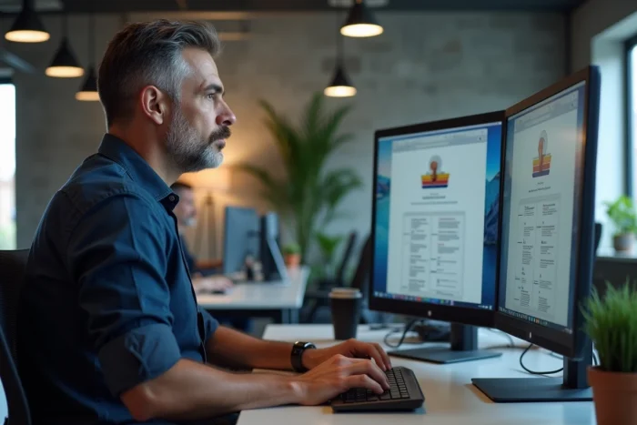 Homme naviguant sur un plan de site structuré dans un espace de coworking moderne
