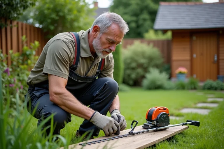 Homme en tenue de travail examine un fil de coupe et une lame de débroussailleuse dans un jardin