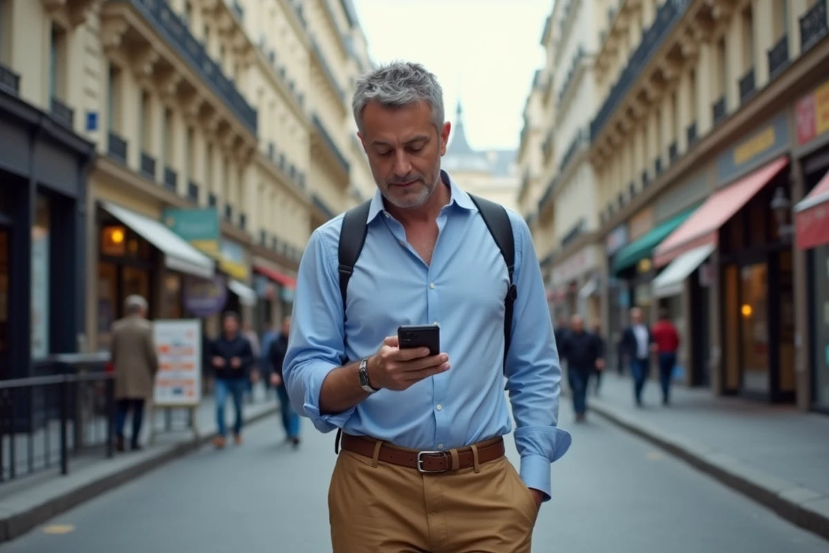 Homme lisant les titres d actualites sur son smartphone dans la rue parisienne